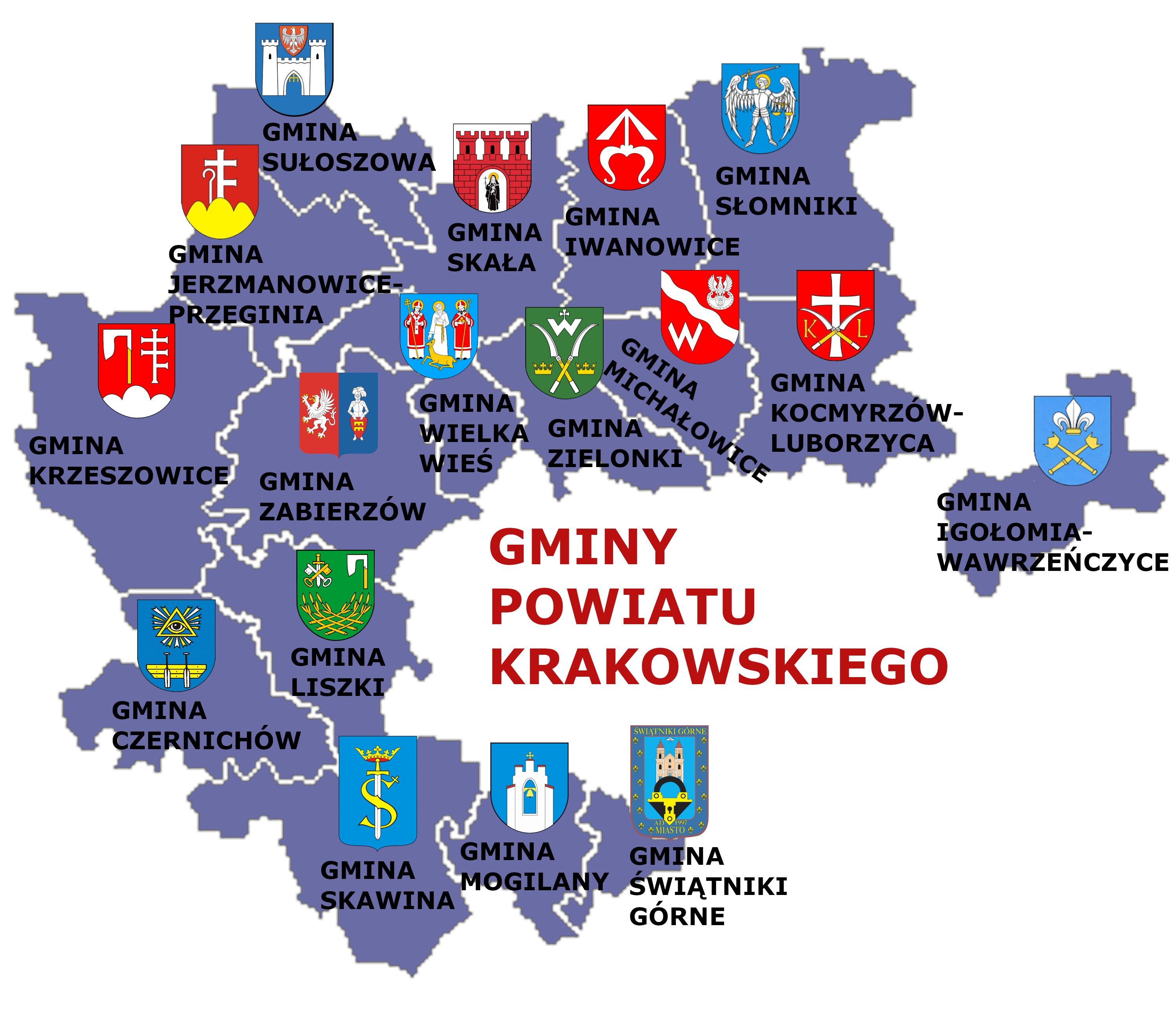 Mapka gmin powiatu krakowskiego w Powiecie Krakowskim